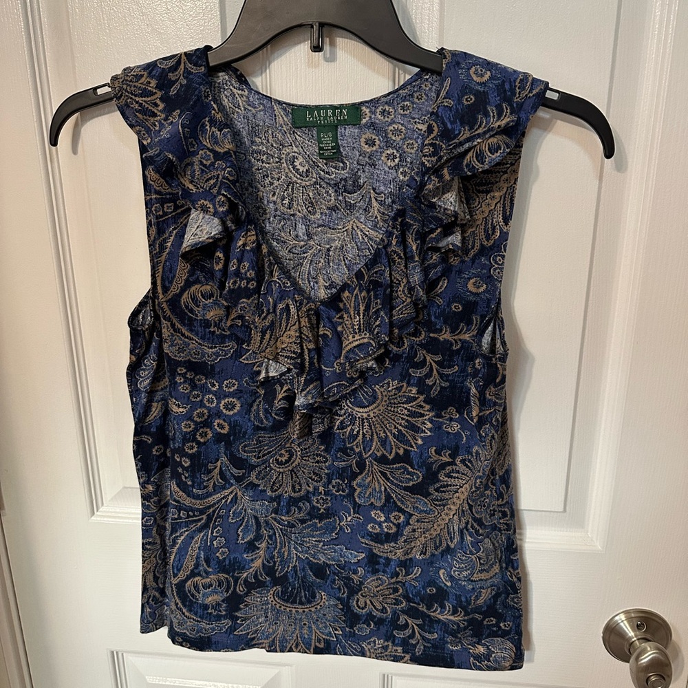 Lauren Ralph Lauren Blue Paisley Womens Top Size Petite Large Sleeveless Cotton